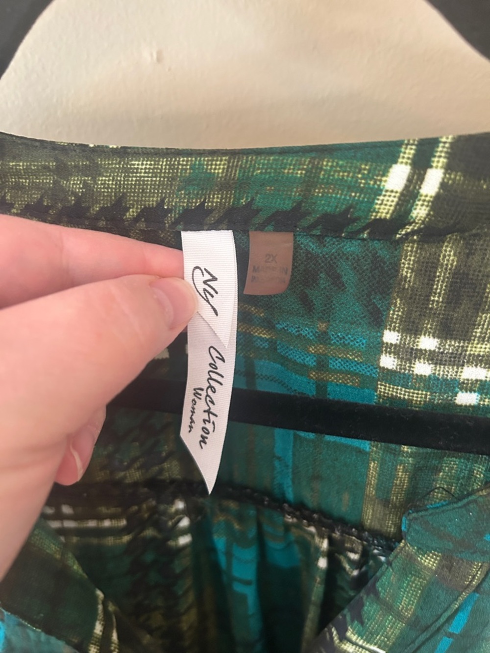 NY Collection Teal and Olive Plaid Button-Front Blouse - Picture 2 of 5